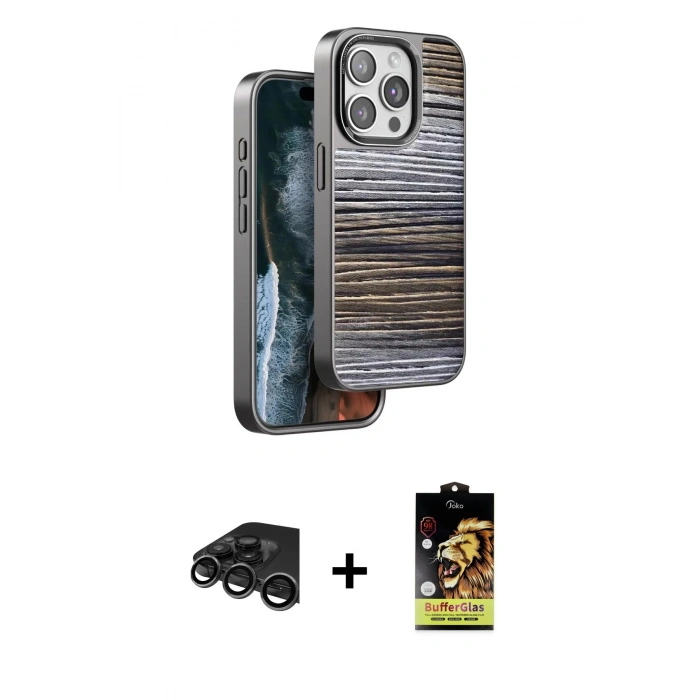 MARSİLYAN™- iPhone 15 Pro Max Kılıf Atlas Minimal Özel Seri - Siyah Buffer Cam Ekran Koruyucu + Raze Metal Kamera Lens - TMGI