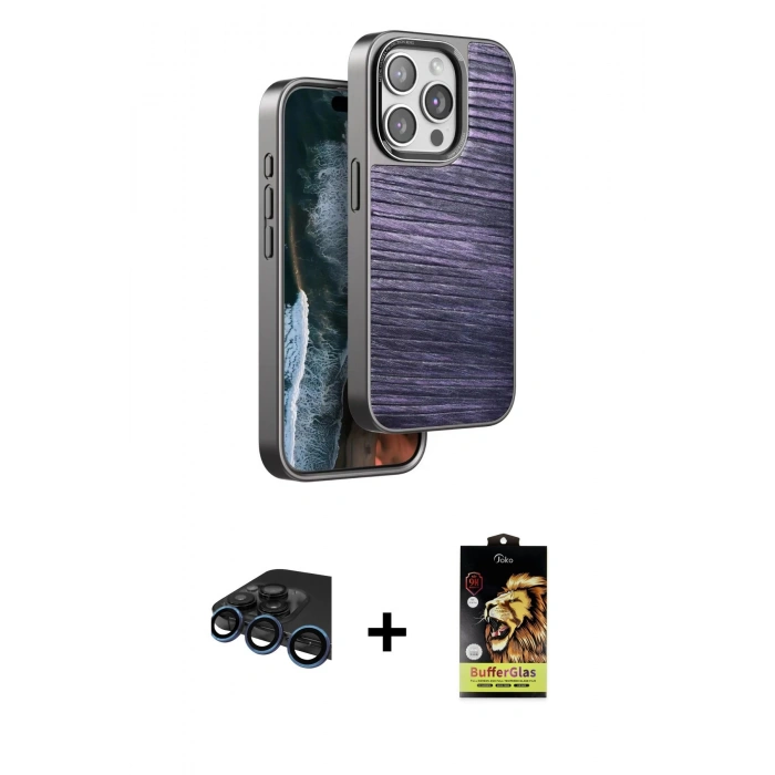 MARSİLYAN™- iPhone 15 Pro Max Kılıf Atlas Minimal Özel Seri - Siyah Buffer Cam Ekran Koruyucu + Raze Metal Kamera Lens - LT