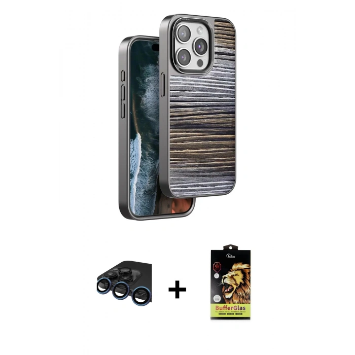 MARSİLYAN™- iPhone 15 Pro Max Kılıf Atlas Minimal Özel Seri - Siyah Buffer Cam Ekran Koruyucu + Raze Metal Kamera Lens - LT