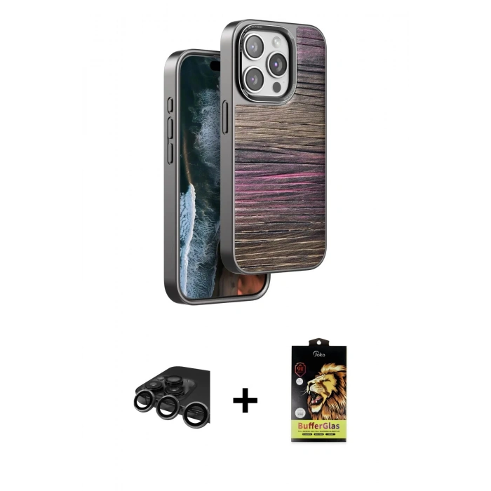 MARSİLYAN™- iPhone 15 Pro Max Kılıf Atlas Minimal Özel Seri - Siyah Buffer Cam Ekran Koruyucu + Raze Metal Kamera Lens - TMGI
