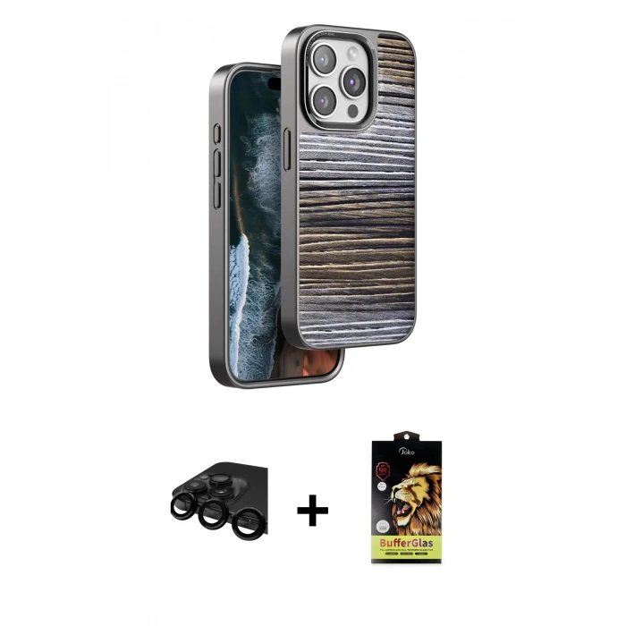 MARSİLYAN™- iPhone 15 Pro Max Kılıf Atlas Minimal Özel Seri - Siyah Buffer Cam Ekran Koruyucu + Raze Metal Kamera Lens - SH