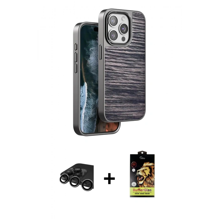 MARSİLYAN™- iPhone 15 Pro Max Kılıf Atlas Minimal Özel Seri - Siyah Buffer Cam Ekran Koruyucu + Raze Metal Kamera Lens - TMGI
