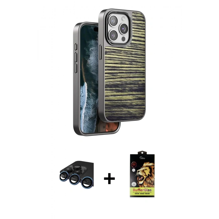 MARSİLYAN™- iPhone 15 Pro Max Kılıf Atlas Minimal Özel Seri - Siyah Buffer Cam Ekran Koruyucu + Raze Metal Kamera Lens - LT