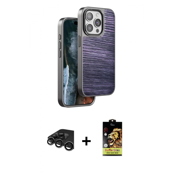 MARSİLYAN™- iPhone 15 Pro Max Kılıf Atlas Minimal Özel Seri - Siyah Buffer Cam Ekran Koruyucu + Raze Metal Kamera Lens - TMGI
