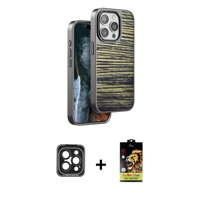 MARSİLYAN™- iPhone 15 Pro Max Kılıf Atlas Minimal Özel Seri - Siyah Buffer Cam Ekran Koruyucu + PVD Metal Kamera Lens - SH