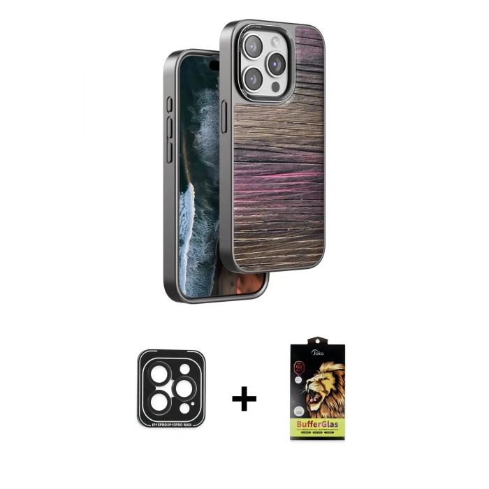 MARSİLYAN™- iPhone 15 Pro Max Kılıf Atlas Minimal Özel Seri - Siyah Buffer Cam Ekran Koruyucu + PVD Metal Kamera Lens - SH