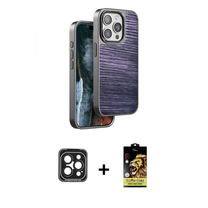 MARSİLYAN™- iPhone 15 Pro Max Kılıf Atlas Minimal Özel Seri - Siyah Buffer Cam Ekran Koruyucu + PVD Metal Kamera Lens - SH