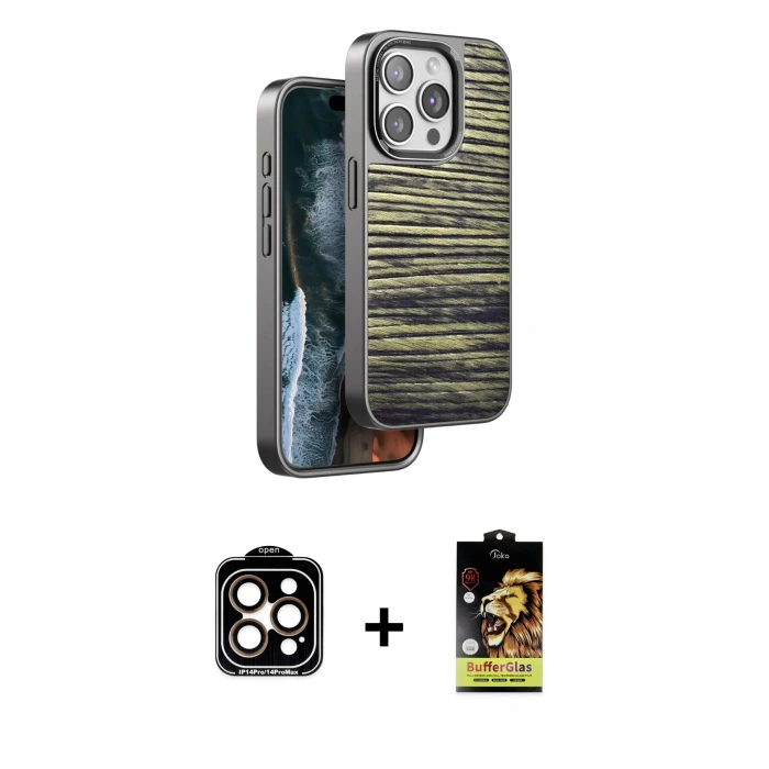 MARSİLYAN™- iPhone 15 Pro Max Kılıf Atlas Minimal Özel Seri - Siyah Buffer Cam Ekran Koruyucu + Turuncu PVD Metal Kamera Lens