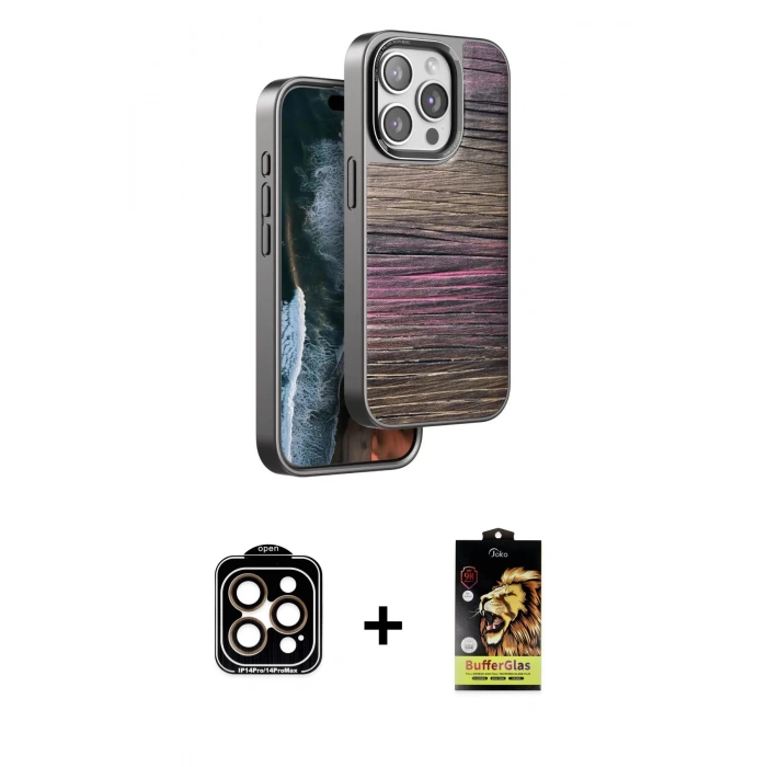 MARSİLYAN™- iPhone 15 Pro Max Kılıf Atlas Minimal Özel Seri - Siyah Buffer Cam Ekran Koruyucu + Turuncu PVD Metal Kamera Lens