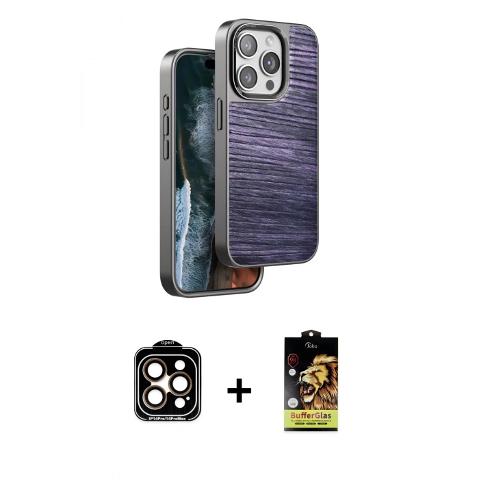 MARSİLYAN™- iPhone 15 Pro Max Kılıf Atlas Minimal Özel Seri - Siyah Buffer Cam Ekran Koruyucu + Turuncu PVD Metal Kamera Lens