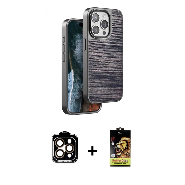 MARSİLYAN™- iPhone 15 Pro Max Kılıf Atlas Minimal Özel Seri - Siyah Buffer Cam Ekran Koruyucu + Turuncu PVD Metal Kamera Lens