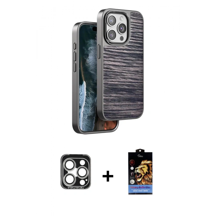 MARSİLYAN™- iPhone 15 Pro Max Kılıf Atlas Minimal Özel Seri - Siyah Buffer Hayalet Cam Ekran Koruyucu + Gümüş PVD Metal Kamera Lens