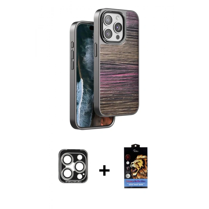 MARSİLYAN™- iPhone 15 Pro Max Kılıf Atlas Minimal Özel Seri - Siyah Buffer Hayalet Cam Ekran Koruyucu + Gümüş PVD Metal Kamera Lens