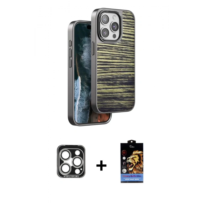 MARSİLYAN™- iPhone 15 Pro Max Kılıf Atlas Minimal Özel Seri - Siyah Buffer Hayalet Cam Ekran Koruyucu + Gümüş PVD Metal Kamera Lens