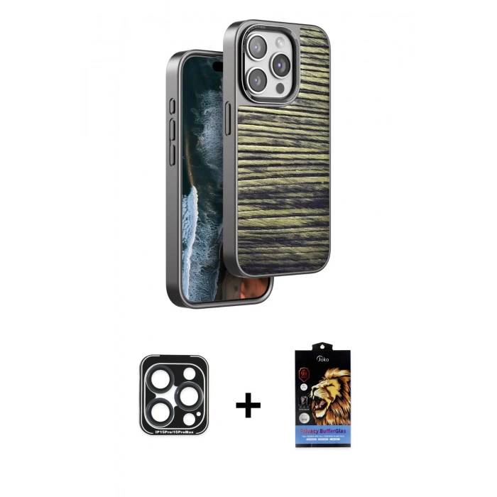 MARSİLYAN™- iPhone 15 Pro Max Kılıf Atlas Minimal Özel Seri - Siyah Buffer Hayalet Cam Ekran Koruyucu + PVD Metal Kamera Lens - LT