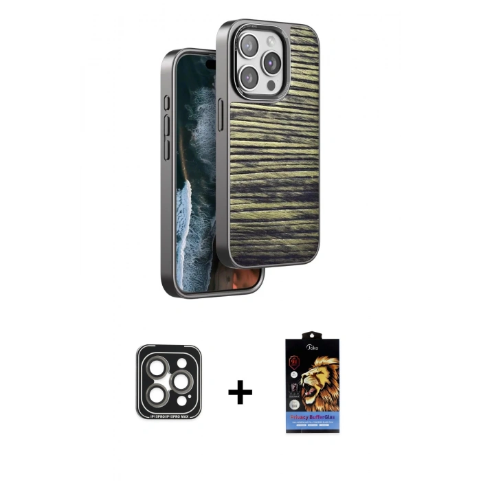 MARSİLYAN™- iPhone 15 Pro Max Kılıf Atlas Minimal Özel Seri - Siyah Buffer Hayalet Cam Ekran Koruyucu + PVD Metal Kamera Lens - GI