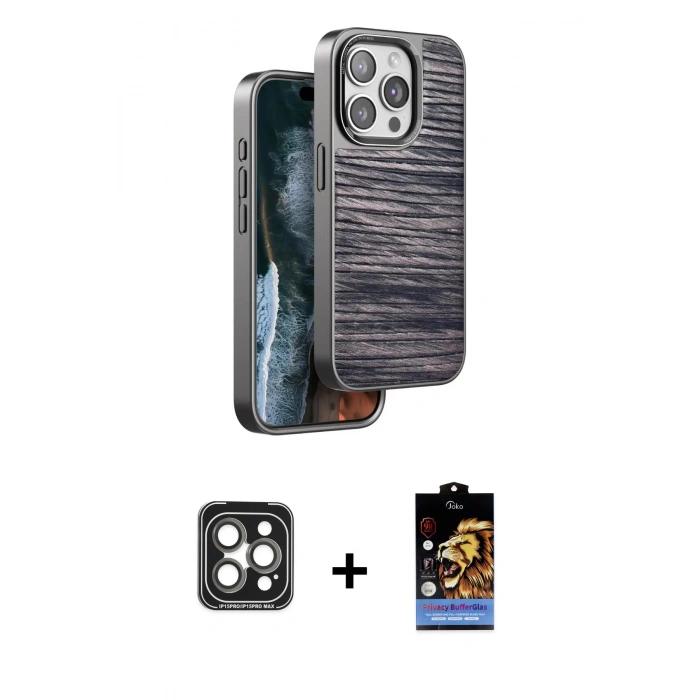 MARSİLYAN™- iPhone 15 Pro Max Kılıf Atlas Minimal Özel Seri - Siyah Buffer Hayalet Cam Ekran Koruyucu + PVD Metal Kamera Lens - GI