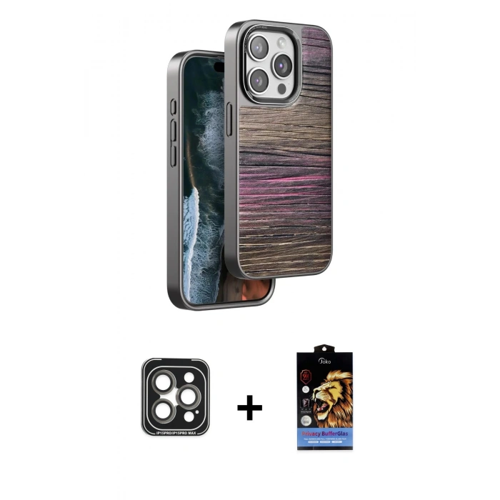 MARSİLYAN™- iPhone 15 Pro Max Kılıf Atlas Minimal Özel Seri - Siyah Buffer Hayalet Cam Ekran Koruyucu + PVD Metal Kamera Lens - GI