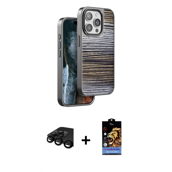 MARSİLYAN™- iPhone 15 Pro Max Kılıf Atlas Minimal Özel Seri - Siyah Buffer Hayalet Cam Ekran Koruyucu + Raze Metal Kamera Lens - SH