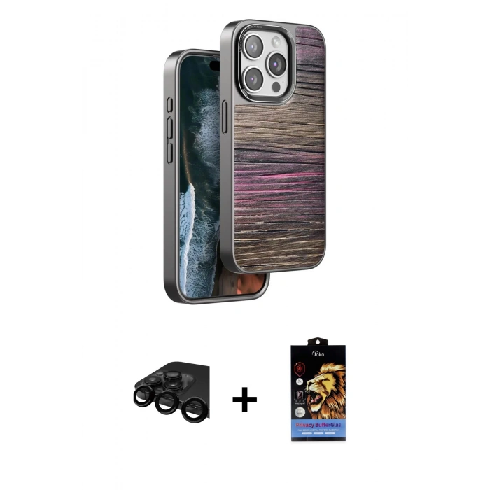 MARSİLYAN™- iPhone 15 Pro Max Kılıf Atlas Minimal Özel Seri - Siyah Buffer Hayalet Cam Ekran Koruyucu + Raze Metal Kamera Lens - SH