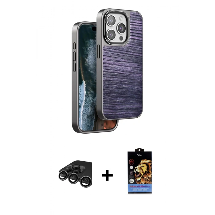 MARSİLYAN™- iPhone 15 Pro Max Kılıf Atlas Minimal Özel Seri - Siyah Buffer Hayalet Cam Ekran Koruyucu + Raze Metal Kamera Lens - TMGI