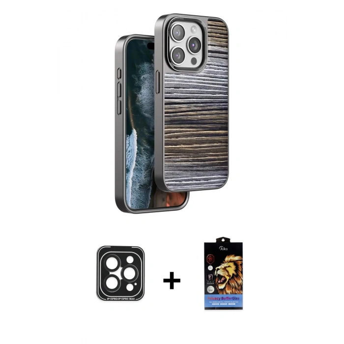 MARSİLYAN™- iPhone 15 Pro Max Kılıf Atlas Minimal Özel Seri - Siyah Buffer Hayalet Cam Ekran Koruyucu + PVD Metal Kamera Lens - SH