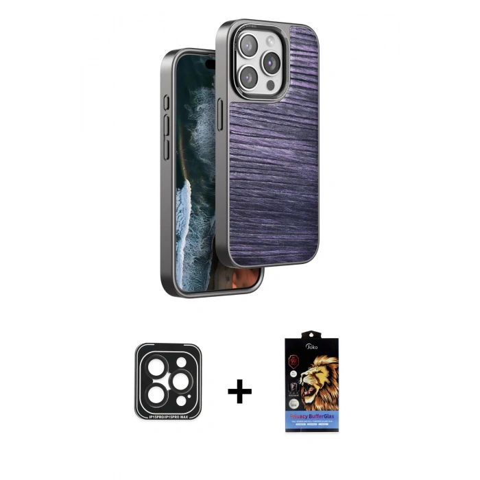 MARSİLYAN™- iPhone 15 Pro Max Kılıf Atlas Minimal Özel Seri - Siyah Buffer Hayalet Cam Ekran Koruyucu + PVD Metal Kamera Lens - SH
