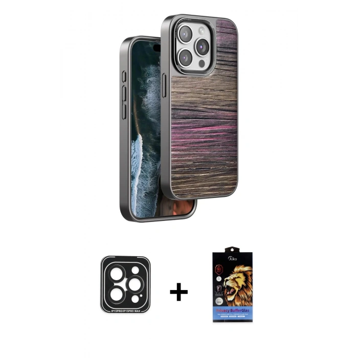 MARSİLYAN™- iPhone 15 Pro Max Kılıf Atlas Minimal Özel Seri - Siyah Buffer Hayalet Cam Ekran Koruyucu + PVD Metal Kamera Lens - SH