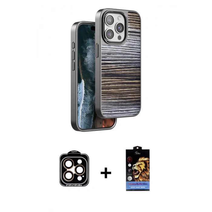 MARSİLYAN™- iPhone 15 Pro Max Kılıf Atlas Minimal Özel Seri - Siyah Buffer Hayalet Cam Ekran Koruyucu + Turuncu PVD Metal Kamera Lens