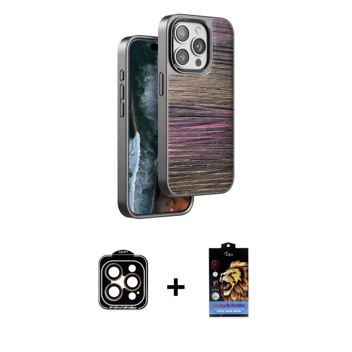 MARSİLYAN™- iPhone 15 Pro Max Kılıf Atlas Minimal Özel Seri - Siyah Buffer Hayalet Cam Ekran Koruyucu + Turuncu PVD Metal Kamera Lens