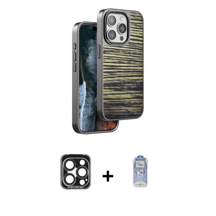 MARSİLYAN™- iPhone 15 Pro Max Kılıf Atlas Minimal Özel Seri - Siyah Joko Magic 5D Cam + PVD Metal Kamera Lens - LT