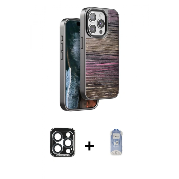 MARSİLYAN™- iPhone 15 Pro Max Kılıf Atlas Minimal Özel Seri - Siyah Joko Magic 5D Cam + PVD Metal Kamera Lens - LT
