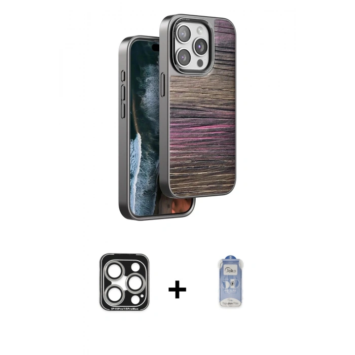 MARSİLYAN™- iPhone 15 Pro Max Kılıf Atlas Minimal Özel Seri - Siyah Joko Magic 5D Cam + PVD Metal Kamera Lens - GS