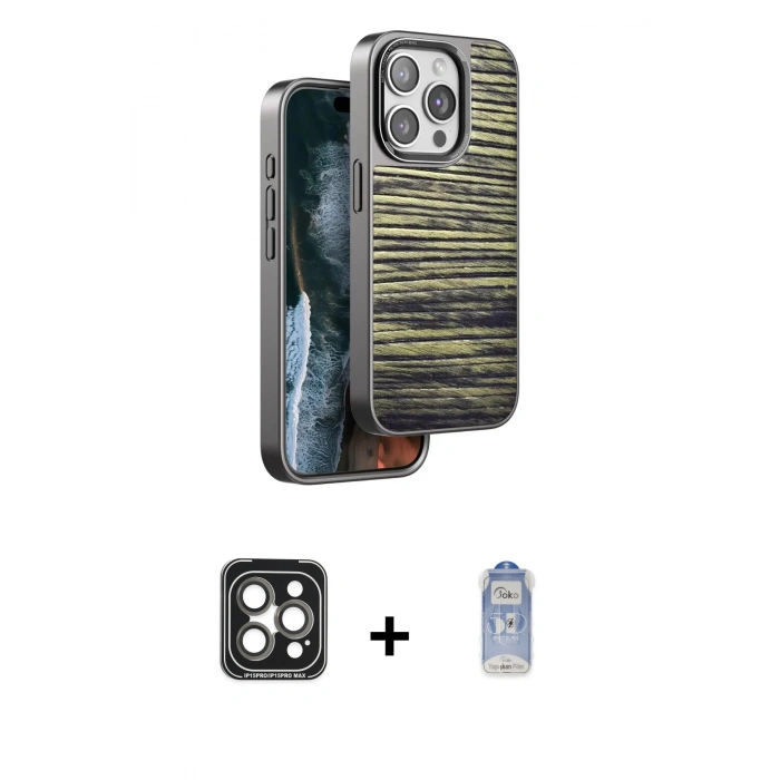 MARSİLYAN™- iPhone 15 Pro Max Kılıf Atlas Minimal Özel Seri - Siyah Joko Magic 5D Cam + PVD Metal Kamera Lens - GI