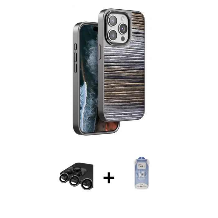 MARSİLYAN™- iPhone 15 Pro Max Kılıf Atlas Minimal Özel Seri - Siyah Joko Magic 5D Cam + Raze Metal Kamera Lens - TMGI