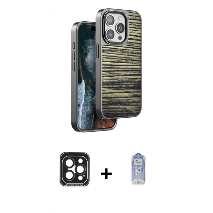 MARSİLYAN™- iPhone 15 Pro Max Kılıf Atlas Minimal Özel Seri - Siyah Joko Magic 5D Cam + Siyah PVD Metal Kamera Lens