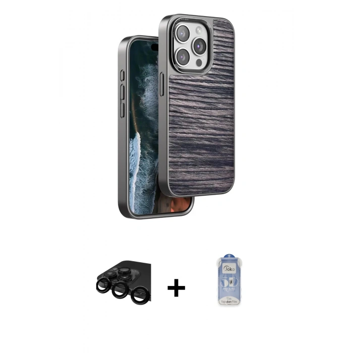 MARSİLYAN™- iPhone 15 Pro Max Kılıf Atlas Minimal Özel Seri - Siyah Joko Magic 5D Cam + Raze Metal Kamera Lens - SH
