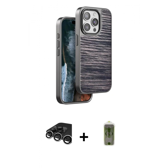 MARSİLYAN™- iPhone 15 Pro Max Kılıf Atlas Minimal Özel Seri - Siyah Joko Magic 5D Hayalet Cam + Raze Metal Kamera Lens - GS