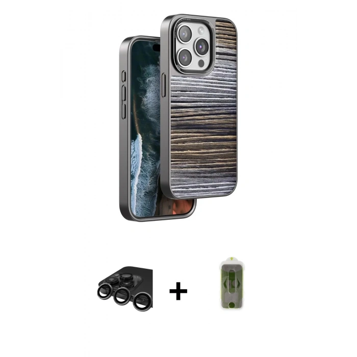 MARSİLYAN™- iPhone 15 Pro Max Kılıf Atlas Minimal Özel Seri - Siyah Joko Magic 5D Hayalet Cam + Raze Metal Kamera Lens - TMGI