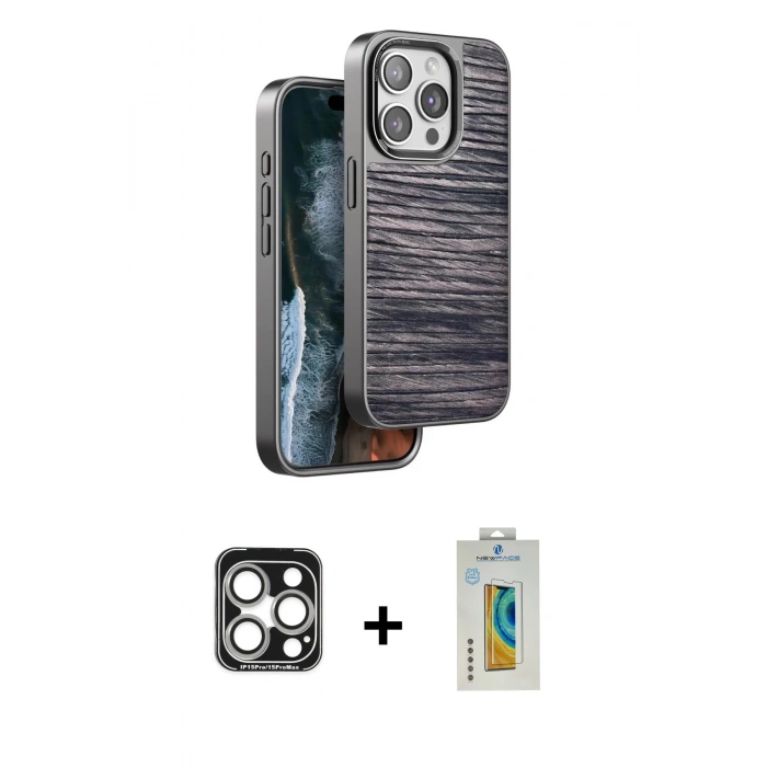 MARSİLYAN™- iPhone 15 Pro Max Kılıf Atlas Minimal Özel Seri - Siyah Polymer Nano Ekran Koruyucu + Gümüş PVD Metal Kamera Lens