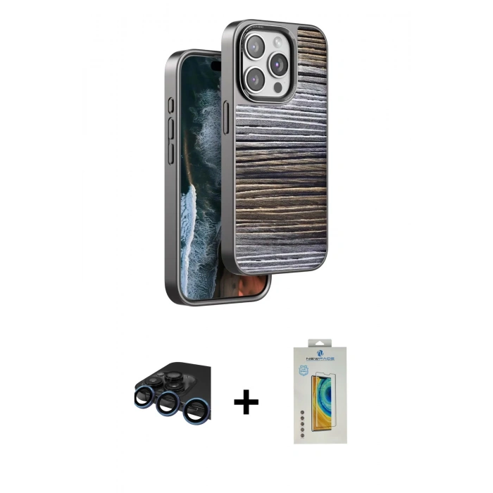 MARSİLYAN™- iPhone 15 Pro Max Kılıf Atlas Minimal Özel Seri - Siyah Polymer Nano Ekran Koruyucu + Raze Metal Kamera Lens - LT