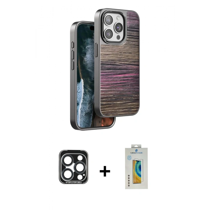 MARSİLYAN™- iPhone 15 Pro Max Kılıf Atlas Minimal Özel Seri - Siyah Polymer Nano Ekran Koruyucu + PVD Metal Kamera Lens - LT