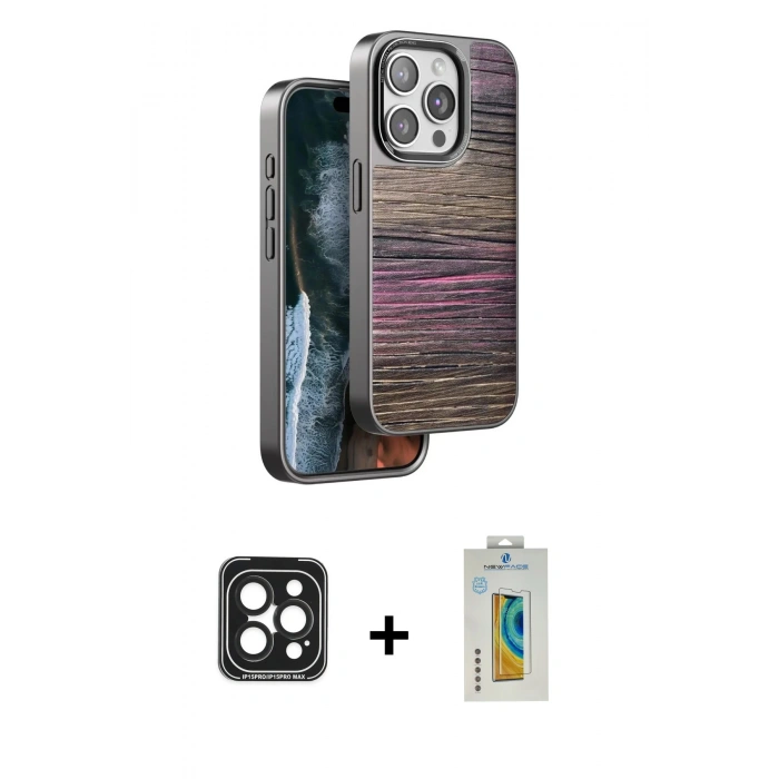 MARSİLYAN™- iPhone 15 Pro Max Kılıf Atlas Minimal Özel Seri - Siyah Polymer Nano Ekran Koruyucu + PVD Metal Kamera Lens - SH