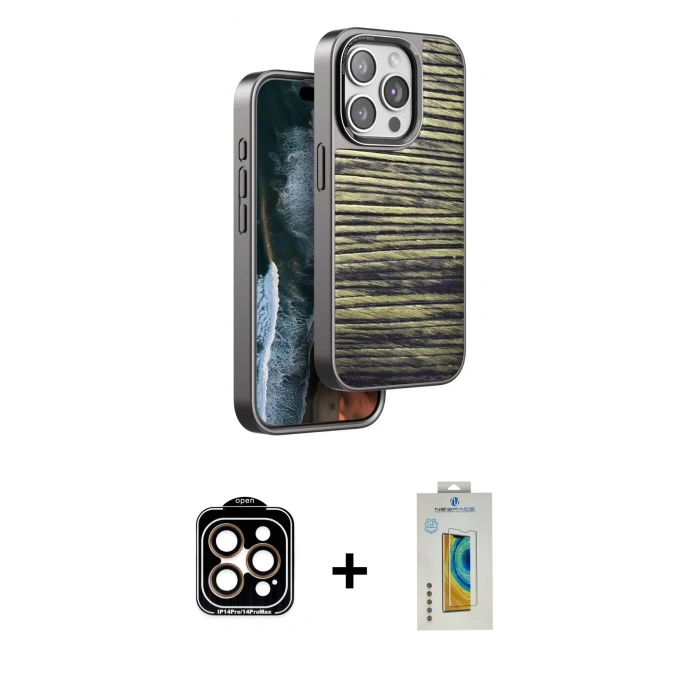 MARSİLYAN™- iPhone 15 Pro Max Kılıf Atlas Minimal Özel Seri - Siyah Polymer Nano Ekran Koruyucu + PVD Metal Kamera Lens - TU