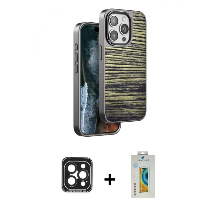 MARSİLYAN™- iPhone 15 Pro Max Kılıf Atlas Minimal Özel Seri - Siyah Polymer Nano Ekran Koruyucu + PVD Metal Kamera Lens - SH