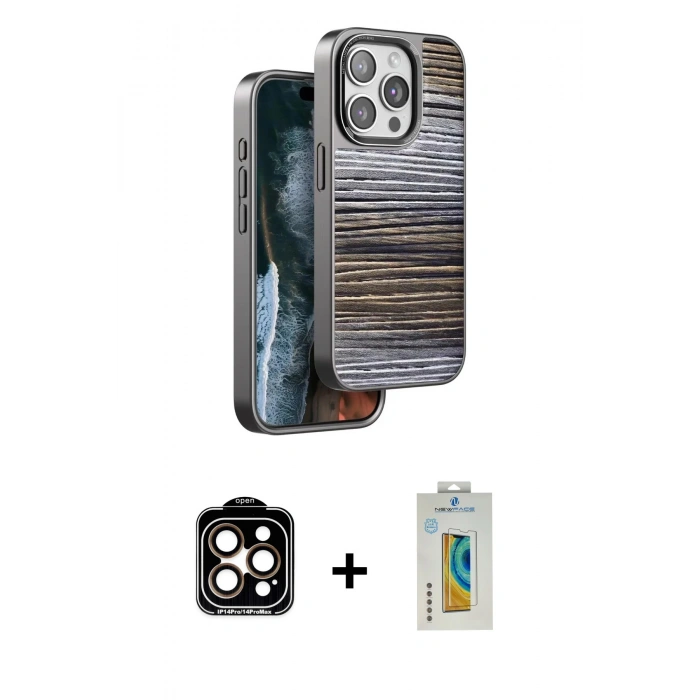 MARSİLYAN™- iPhone 15 Pro Max Kılıf Atlas Minimal Özel Seri - Siyah Polymer Nano Ekran Koruyucu + PVD Metal Kamera Lens - TU