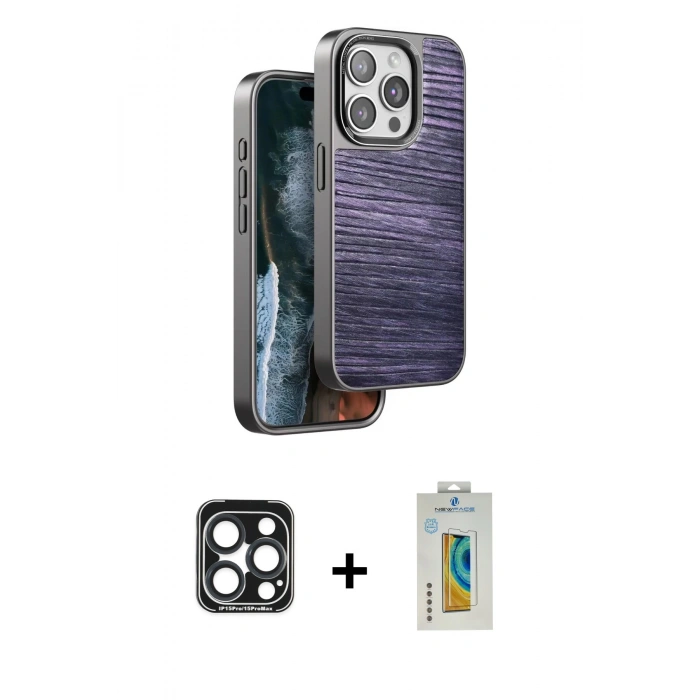 MARSİLYAN™- iPhone 15 Pro Max Kılıf Atlas Minimal Özel Seri - Siyah Polymer Nano Ekran Koruyucu + PVD Metal Kamera Lens - LT