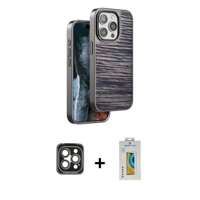 MARSİLYAN™- iPhone 15 Pro Max Kılıf Atlas Minimal Özel Seri - Siyah Polymer Nano Ekran Koruyucu + PVD Metal Kamera Lens - GI