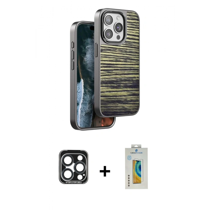 MARSİLYAN™- iPhone 15 Pro Max Kılıf Atlas Minimal Özel Seri - Siyah Polymer Nano Ekran Koruyucu + PVD Metal Kamera Lens - LT