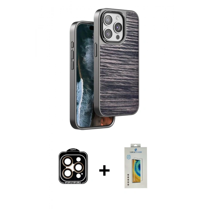 MARSİLYAN™- iPhone 15 Pro Max Kılıf Atlas Minimal Özel Seri - Siyah Polymer Nano Ekran Koruyucu + PVD Metal Kamera Lens - TU